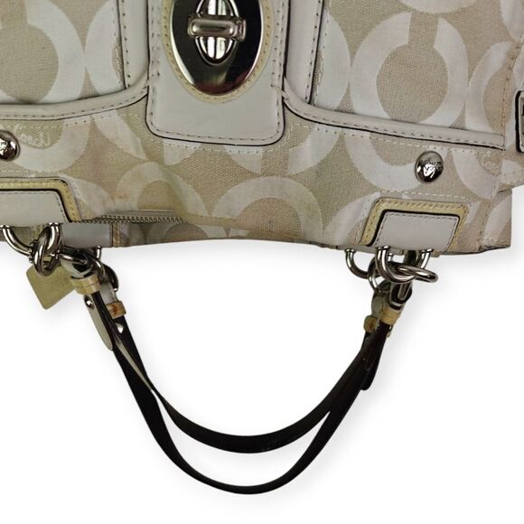 Coach Cream Genuine Leather CC Signature Canvas Shoulder Bag Tote Bag Pusre - Picture 7 of 13